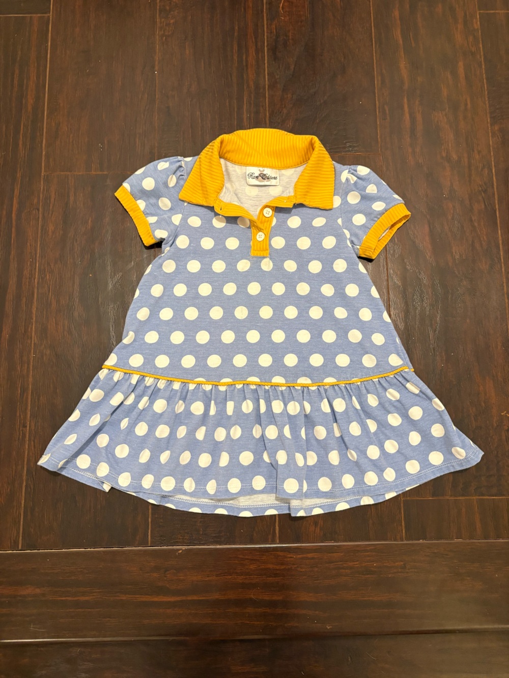 Rare Editions Girls 3T Blue Polka Dot Dress Mustard Yellow Collar